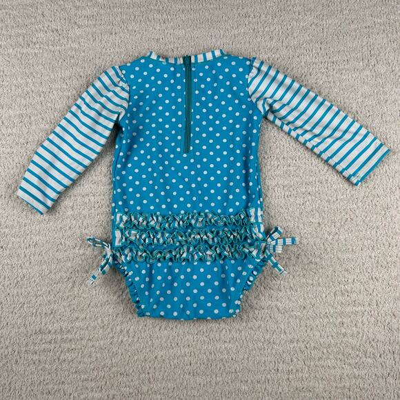 Ruffle Butts Girls Rash Guard 12-18M Blue Long Sleeve Polka Dot One Piece Swim - Picture 7 of 8